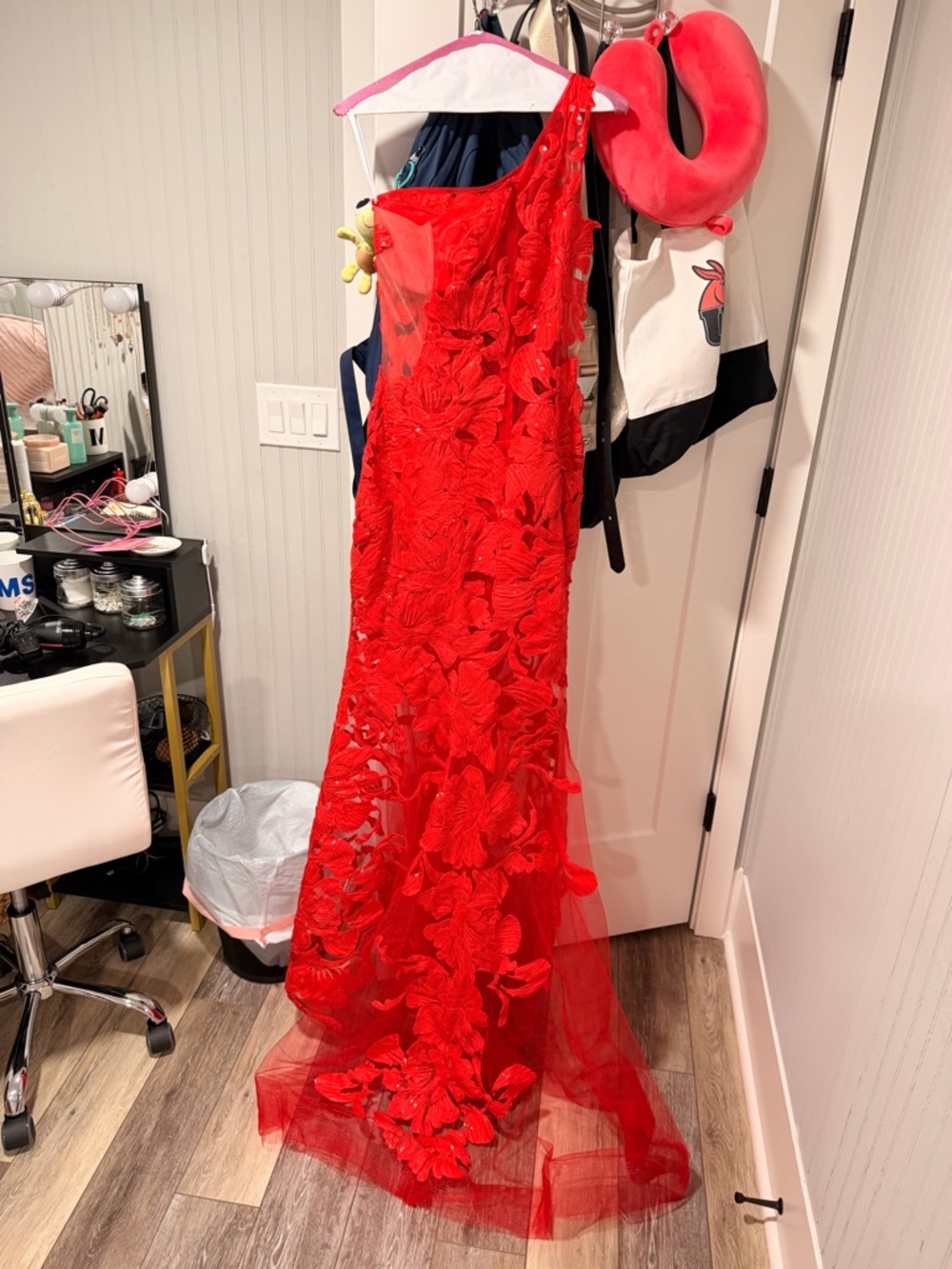 Jovani Red Lace One-Shoulder Evening Gown